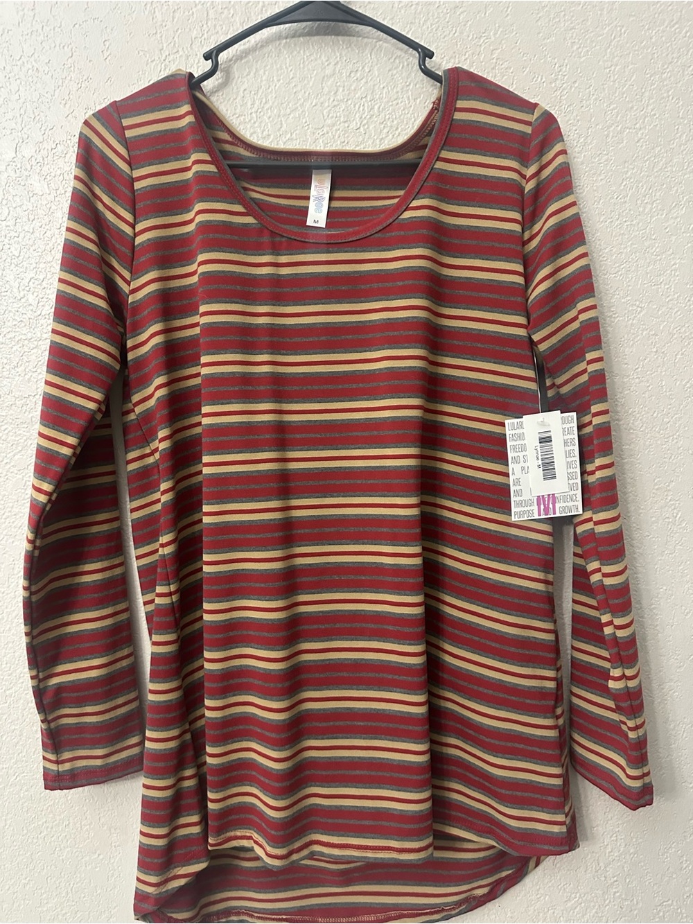 LuLaRoe Striped Long Sleeve Scoop Neck Top - Red, Tan & Olive
